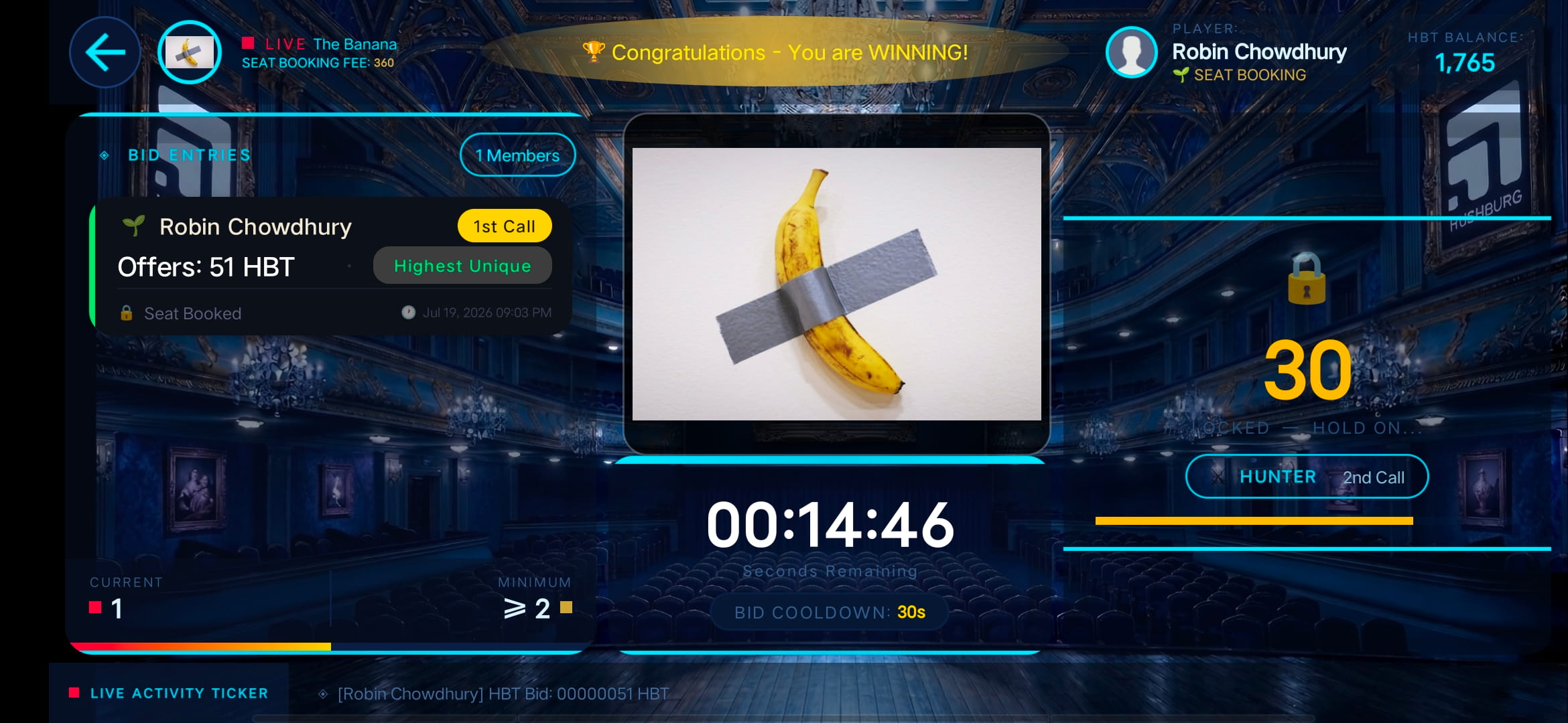 Hushburg HBT Training Mode - Free 15-minute live auction practice with in-app HBT token bidding